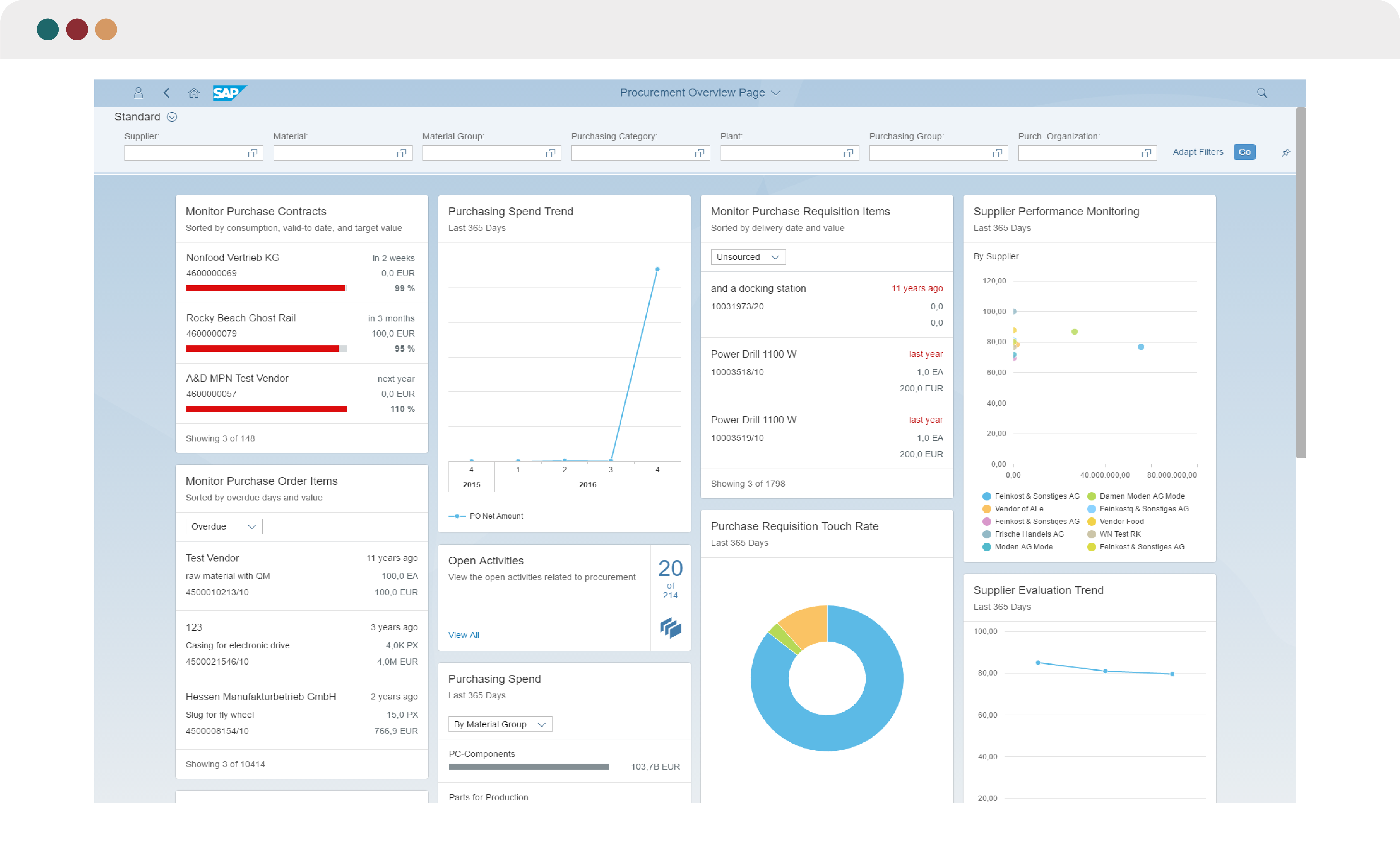 Screenshot der SAP Procurement Overview Page mit Kacheln zur Überwachung von Einkaufsverträgen, Bestellpositionen, Beschaffungsanforderungen und Lieferantenleistung. Diagramme zeigen Trends im Einkaufsvolumen, Lieferantenbewertung und Beschaffungskosten