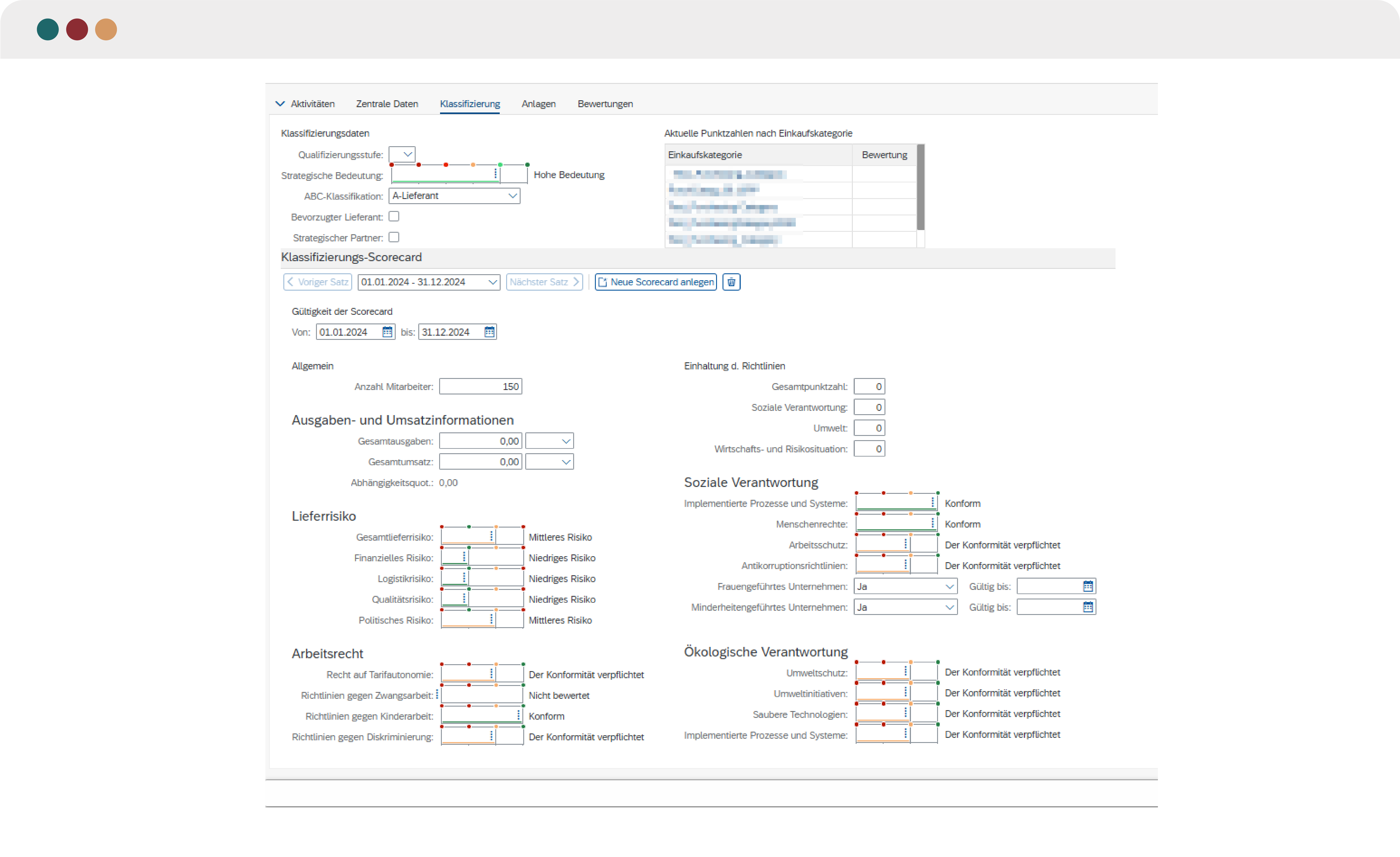 Screenshot einer SAP-Scorecard im Modul Sourcing & Procurement zur Klassifizierung von Lieferanten. Die Ansicht zeigt Risikobewertungen, Angaben zu sozialer, ökologischer und arbeitsrechtlicher Verantwortung sowie Informationen zu Umsatz, Lieferantenbewertung und Konformitätsstatus.