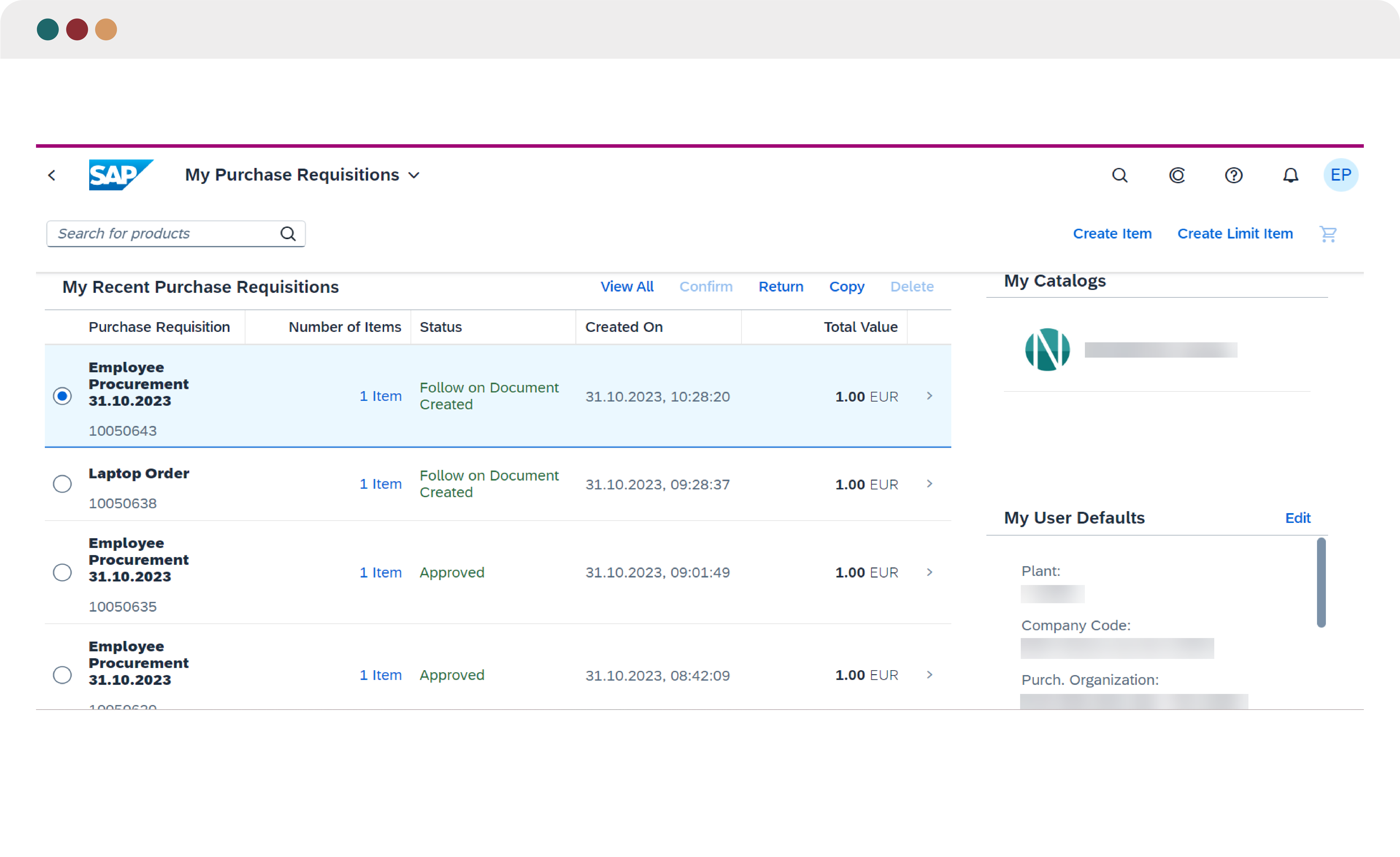 Screenshot der SAP-Oberfläche „My Purchase Requisitions“ mit einer Übersicht aktueller Bestellanforderungen von Mitarbeitenden. Gezeigt werden Status, Erstellungszeitpunkt und Bestellwert, ergänzt durch Zugriff auf Kataloge und Benutzervoreinstellungen.