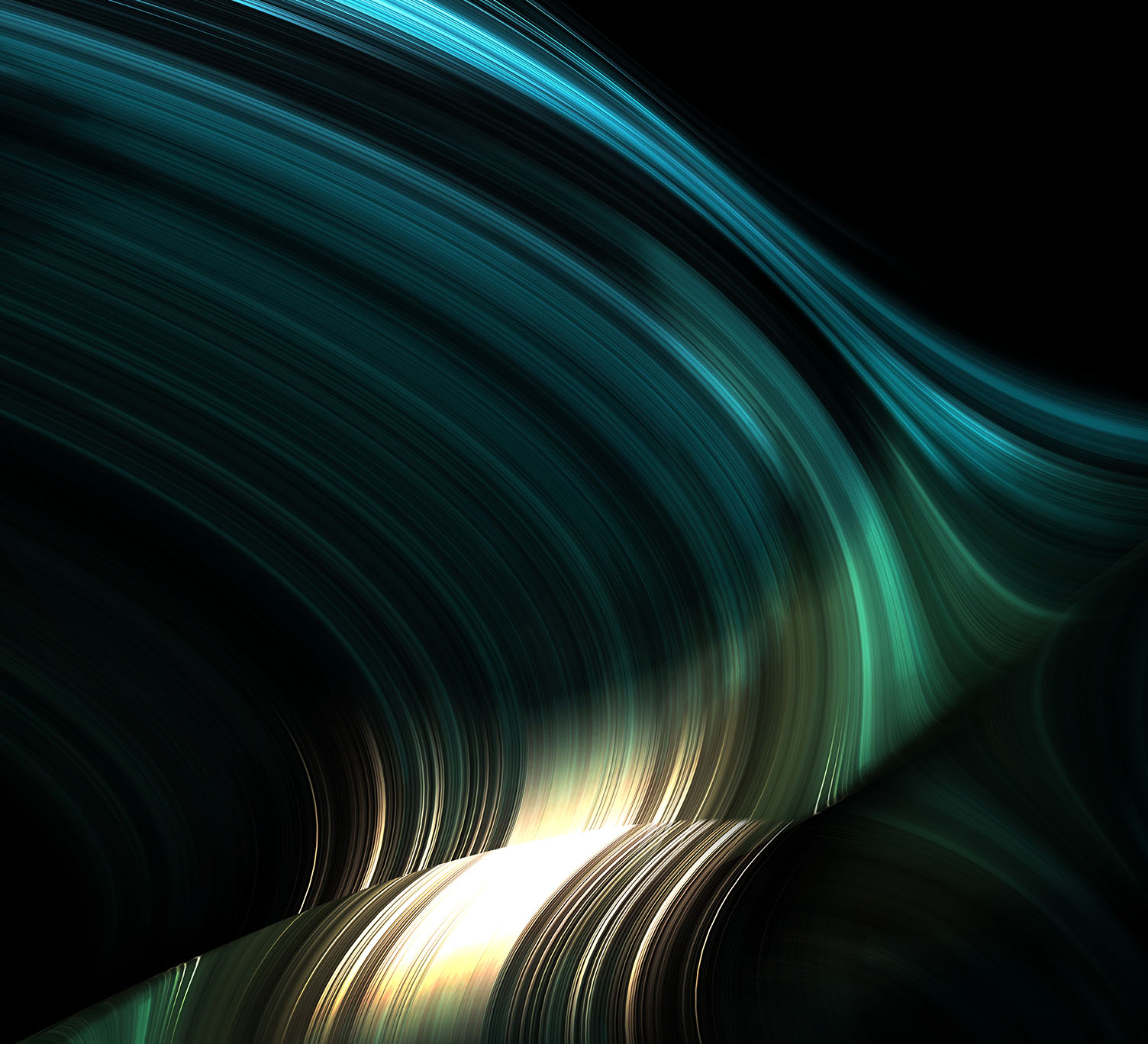 Abstraktes Bild in dunklen Blau- und Grüntönen mit dynamischen, geschwungenen Lichtlinien – symbolisiert den strukturierten, aber flexiblen Fluss von Veränderungen im Änderungsmanagement.