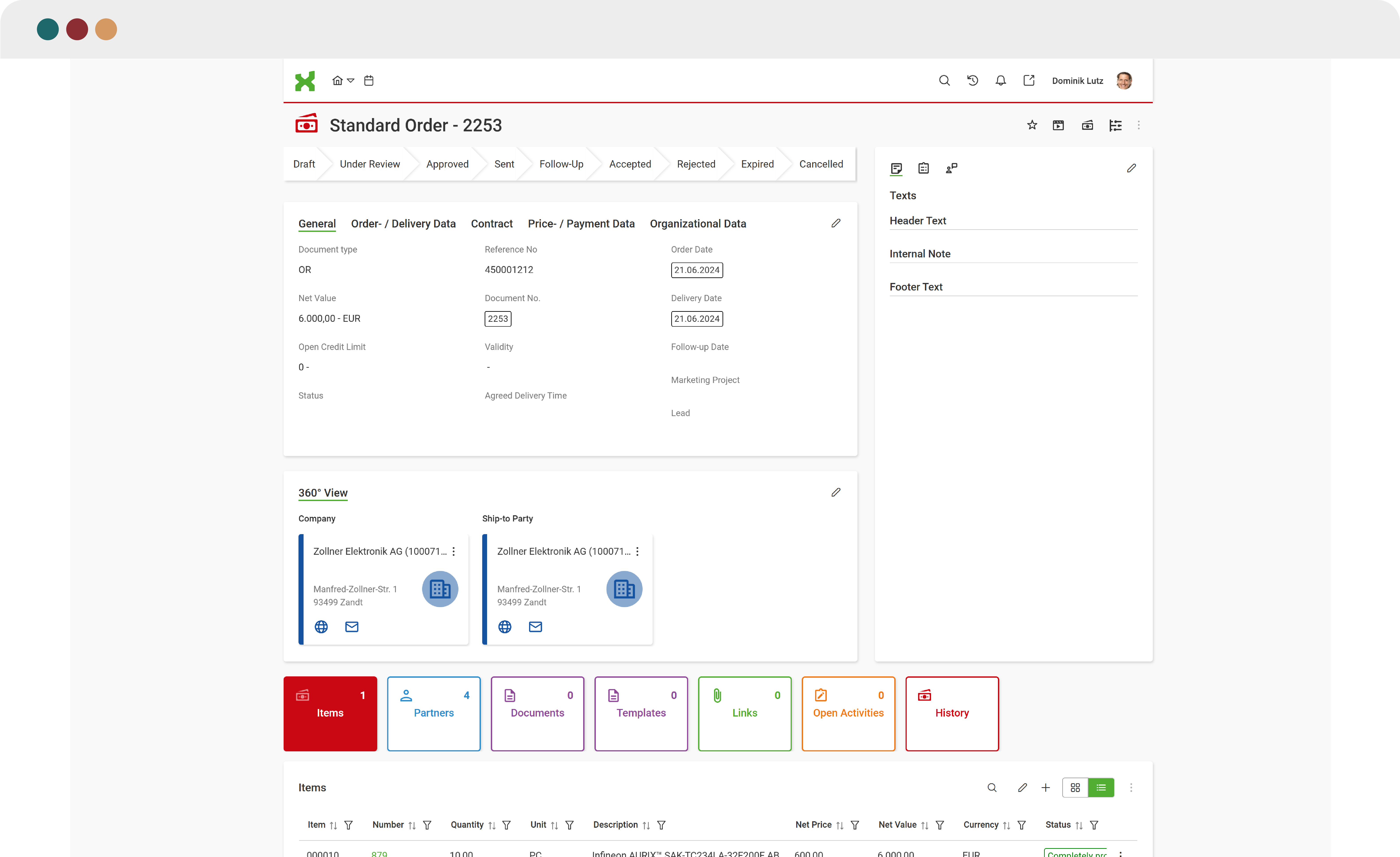 Screenshot der itmX-Oberfläche für Angebots- und Auftragsmanagement. Gezeigt wird eine Standard Order mit Statusübersicht, Kundendaten, Vertragsdetails, Preisangaben sowie Reitern für Positionen, Partner, Dokumente, Aktivitäten und Historie in einer klar strukturierten Benutzeroberfläche.