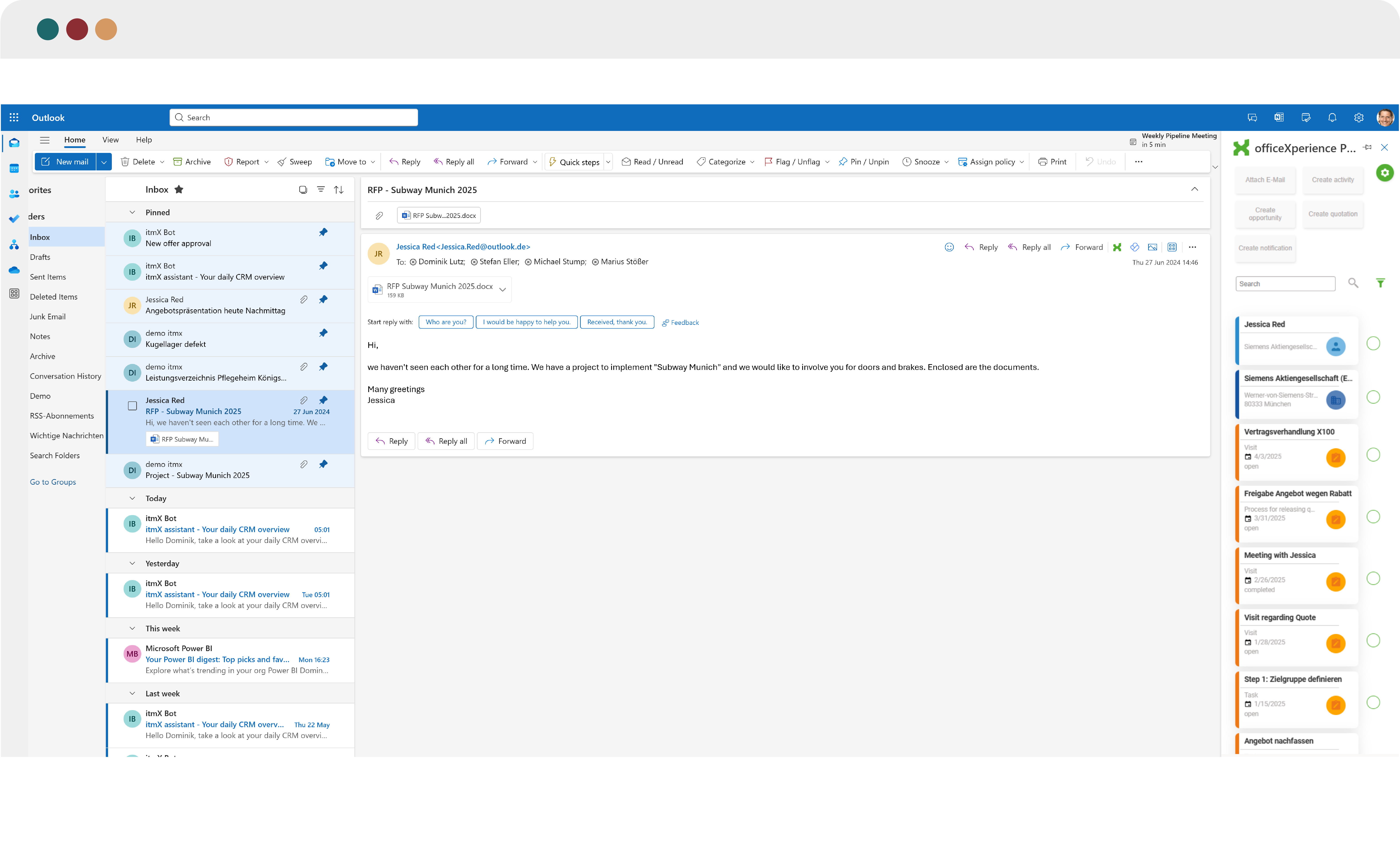Screenshot der Outlook-Oberfläche mit integrierter itmX CRM-Seitenleiste. Der E-Mail-Verlauf wird links angezeigt, während auf der rechten Seite CRM-bezogene Kundendaten, Aktivitäten und Vorgänge eingeblendet sind. Die Integration ermöglicht direkten Zugriff auf Kundeninformationen und Prozesse ohne Systemwechsel.