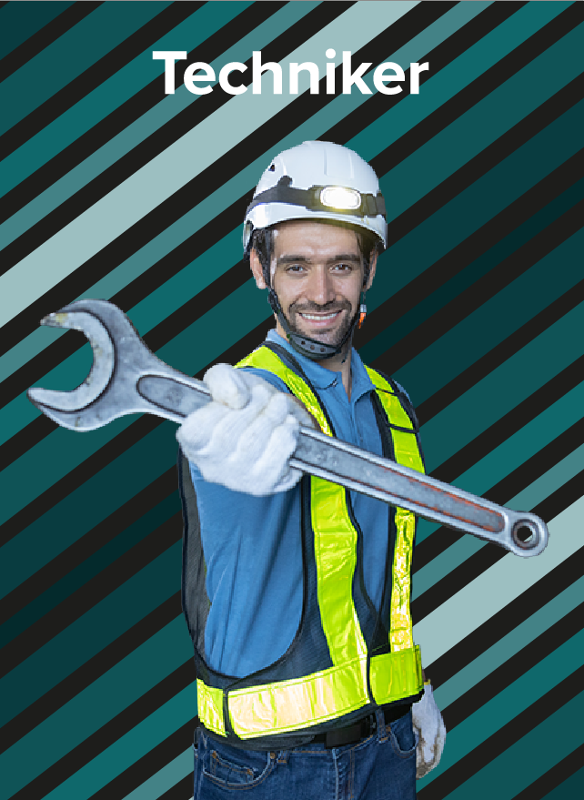 Lächelnder Techniker in Sicherheitsausrüstung mit Helm und Warnweste, hält einen grossen Schraubenschlüssel in die Kamera