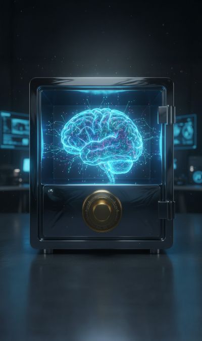 Hologram eines Hirns hinter Tresorglas - Sinnbild für geistiges Eigentum, das geschützt werden muss
