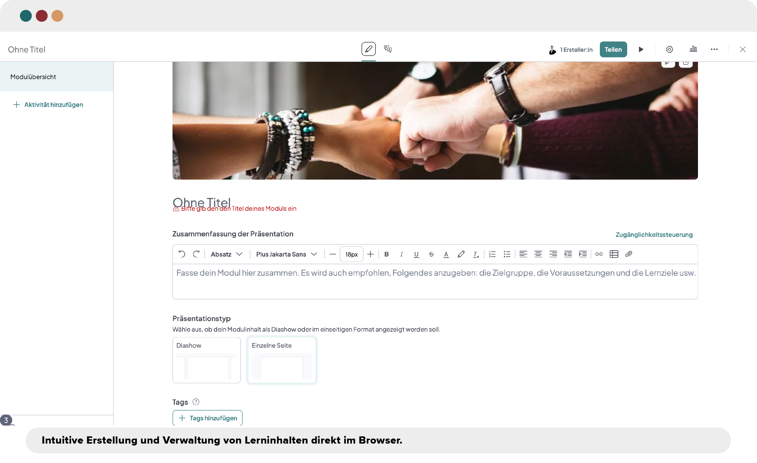 Screenshot der Digital Academy: Modulerstellung und Content-Editor