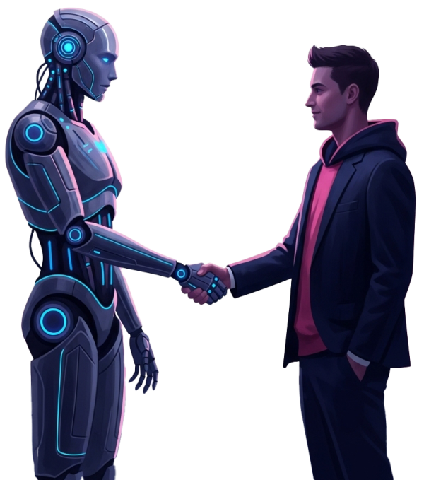 Mensch und Roboter geben sich die Hand – Symbol für Zusammenarbeit mit KI